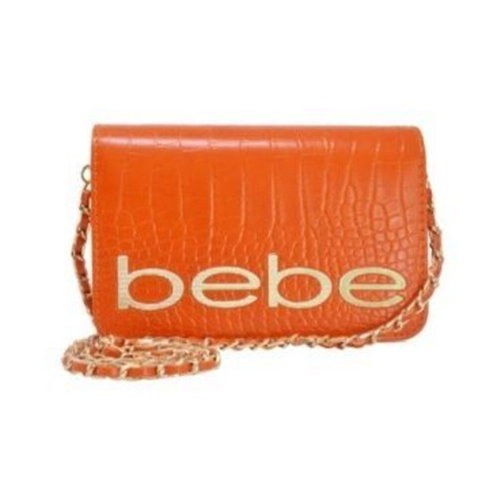 Bebe Leona Fabiola Croco Stamped Vegan Leather Logo Crossbody Clutch Bag Orange